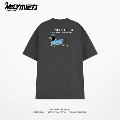 NELY Little Nelly Dachshund Printed White Short-sleeved T-shirt for Men and Women 2025 New Summer Loose Couple Tops