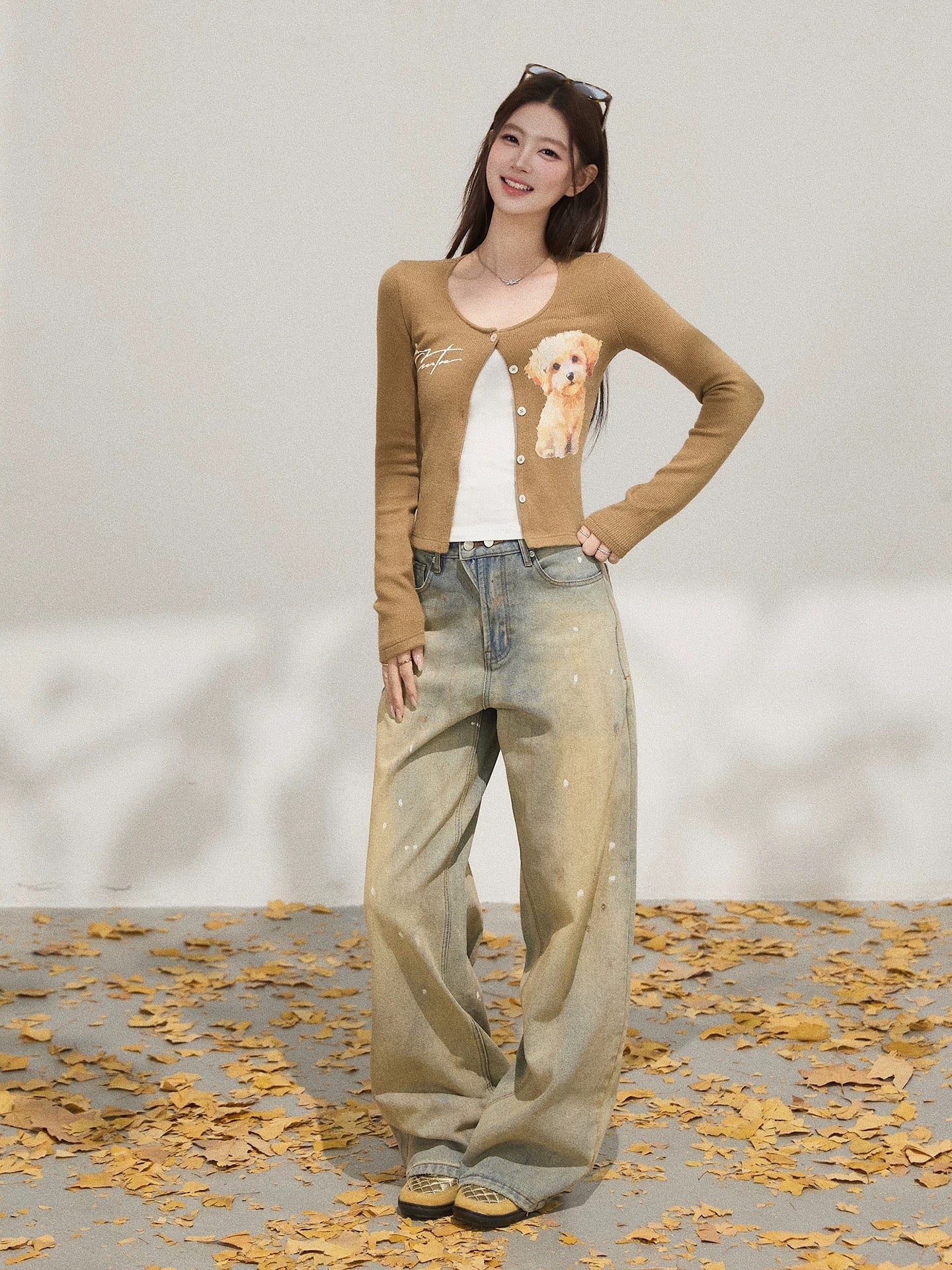 Xie Bu Rou Dog Print Straight Shoulder Collarless Brown Long Sleeve Cardigan Women's Autumn Temperament Casual Fashion Cardigan