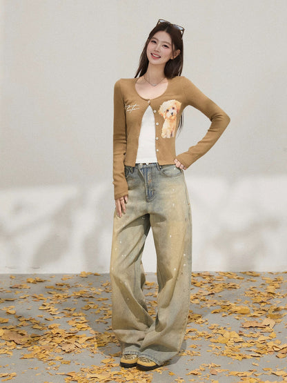 Xie Bu Rou Dog Print Straight Shoulder Collarless Brown Long Sleeve Cardigan Women's Autumn Temperament Casual Fashion Cardigan