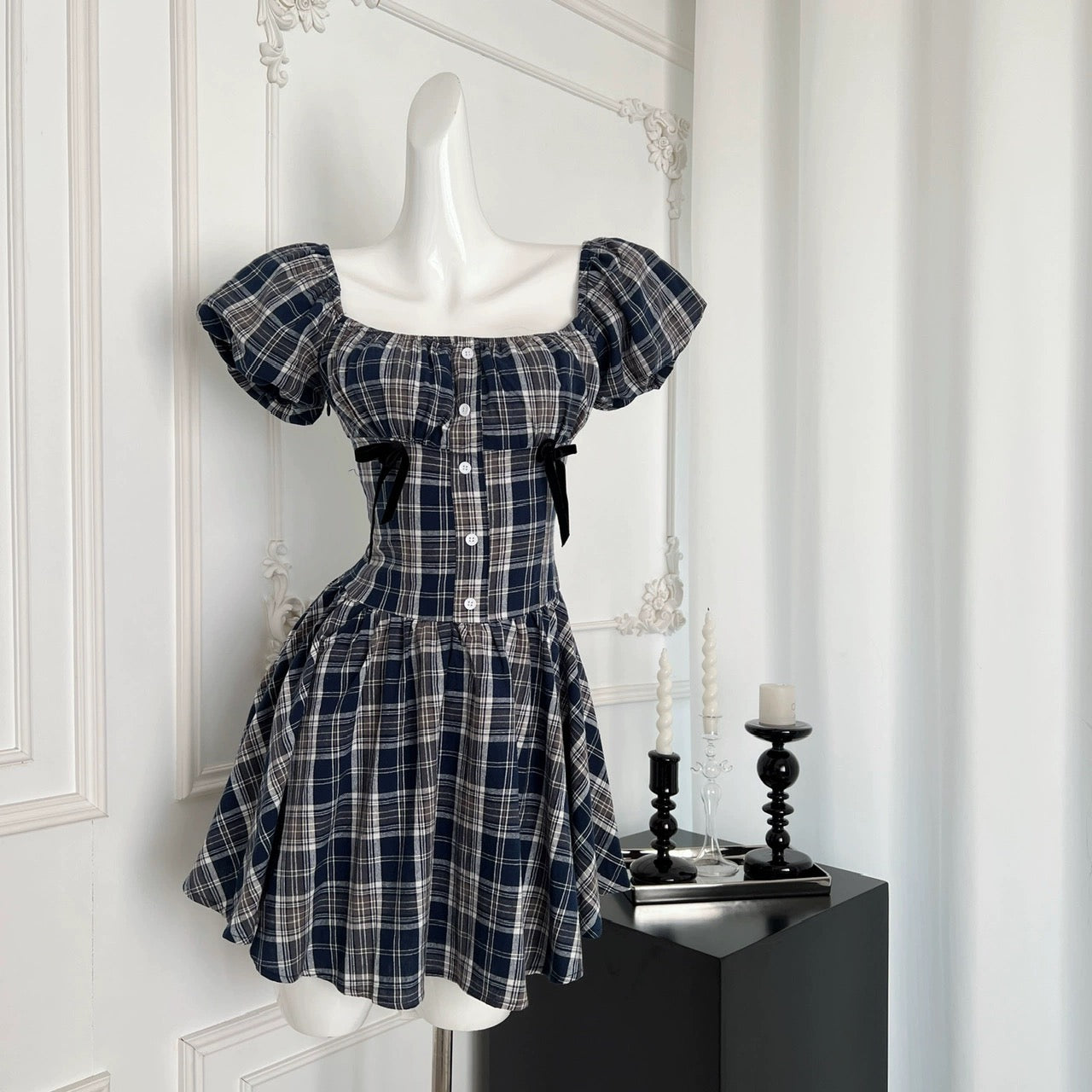 Youni's homemade midsummer night cold brew ju slimming plaid waist bow dress