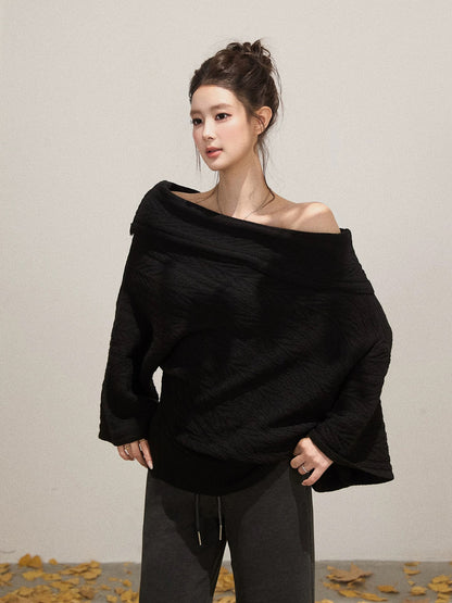 Xie Burou black oblique shoulder cable knit long-sleeved sweater women's autumn new lazy loose slim woolen top