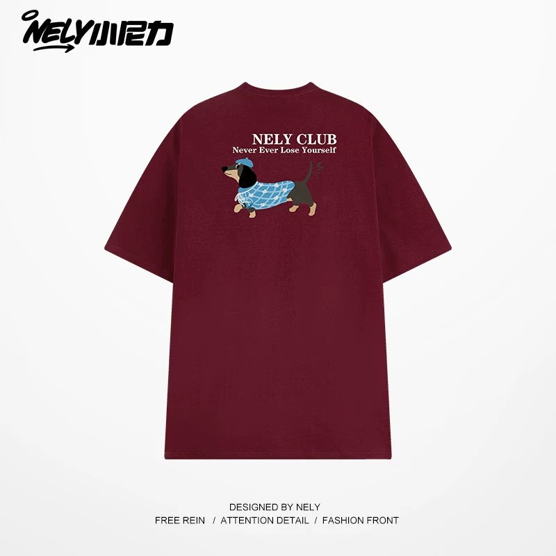 NELY Little Nelly Dachshund Printed White Short-sleeved T-shirt for Men and Women 2025 New Summer Loose Couple Tops