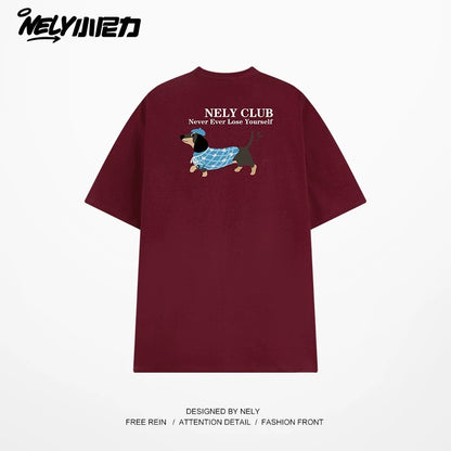 NELY Little Nelly Dachshund Printed White Short-sleeved T-shirt for Men and Women 2025 New Summer Loose Couple Tops