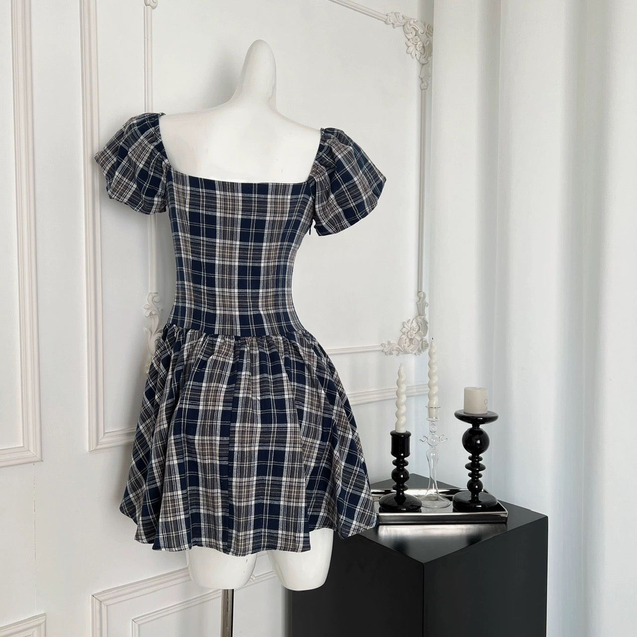 Youni's homemade midsummer night cold brew ju slimming plaid waist bow dress