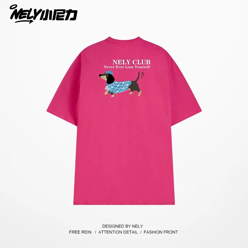 NELY Little Nelly Dachshund Printed White Short-sleeved T-shirt for Men and Women 2025 New Summer Loose Couple Tops