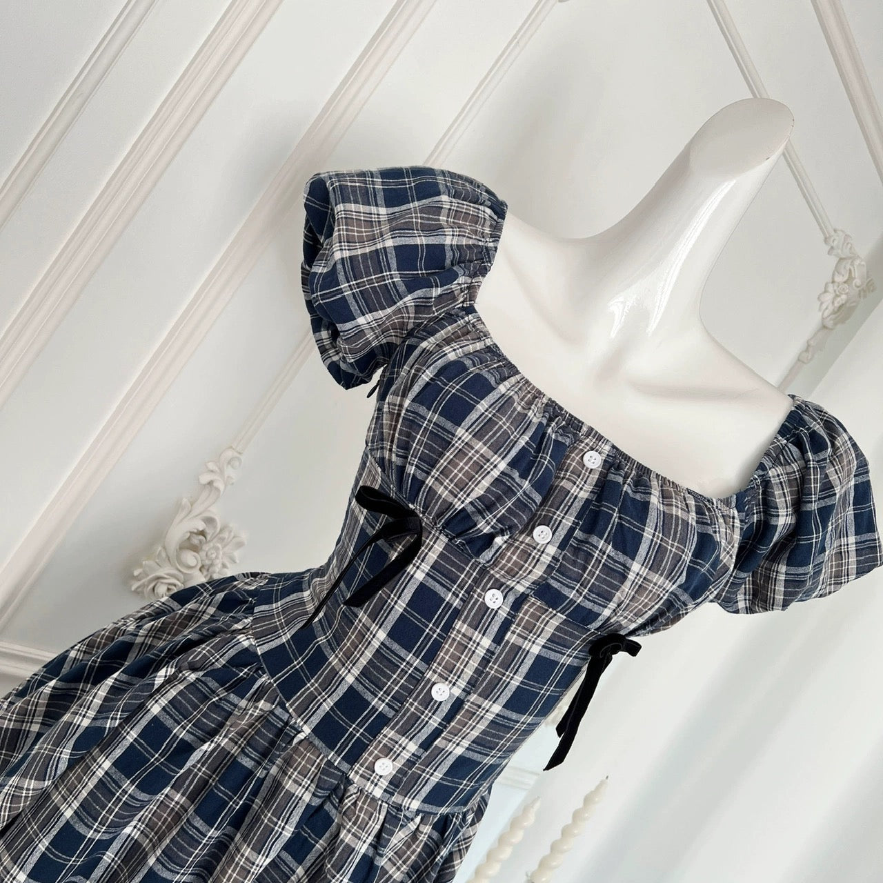 Youni's homemade midsummer night cold brew ju slimming plaid waist bow dress
