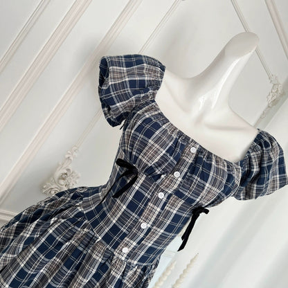 Youni's homemade midsummer night cold brew ju slimming plaid waist bow dress