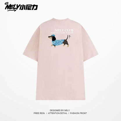 NELY Little Nelly Dachshund Printed White Short-sleeved T-shirt for Men and Women 2025 New Summer Loose Couple Tops