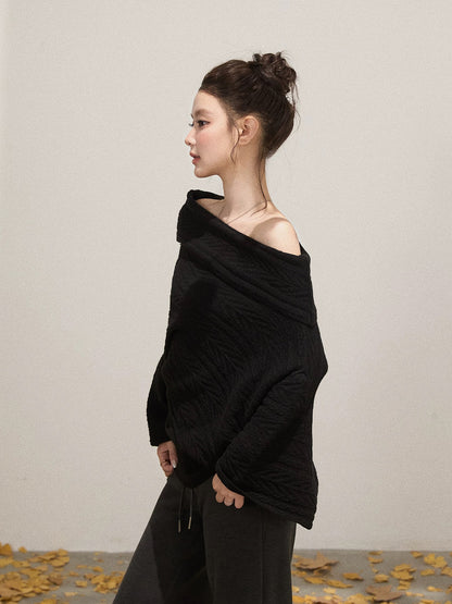 Xie Burou black oblique shoulder cable knit long-sleeved sweater women's autumn new lazy loose slim woolen top