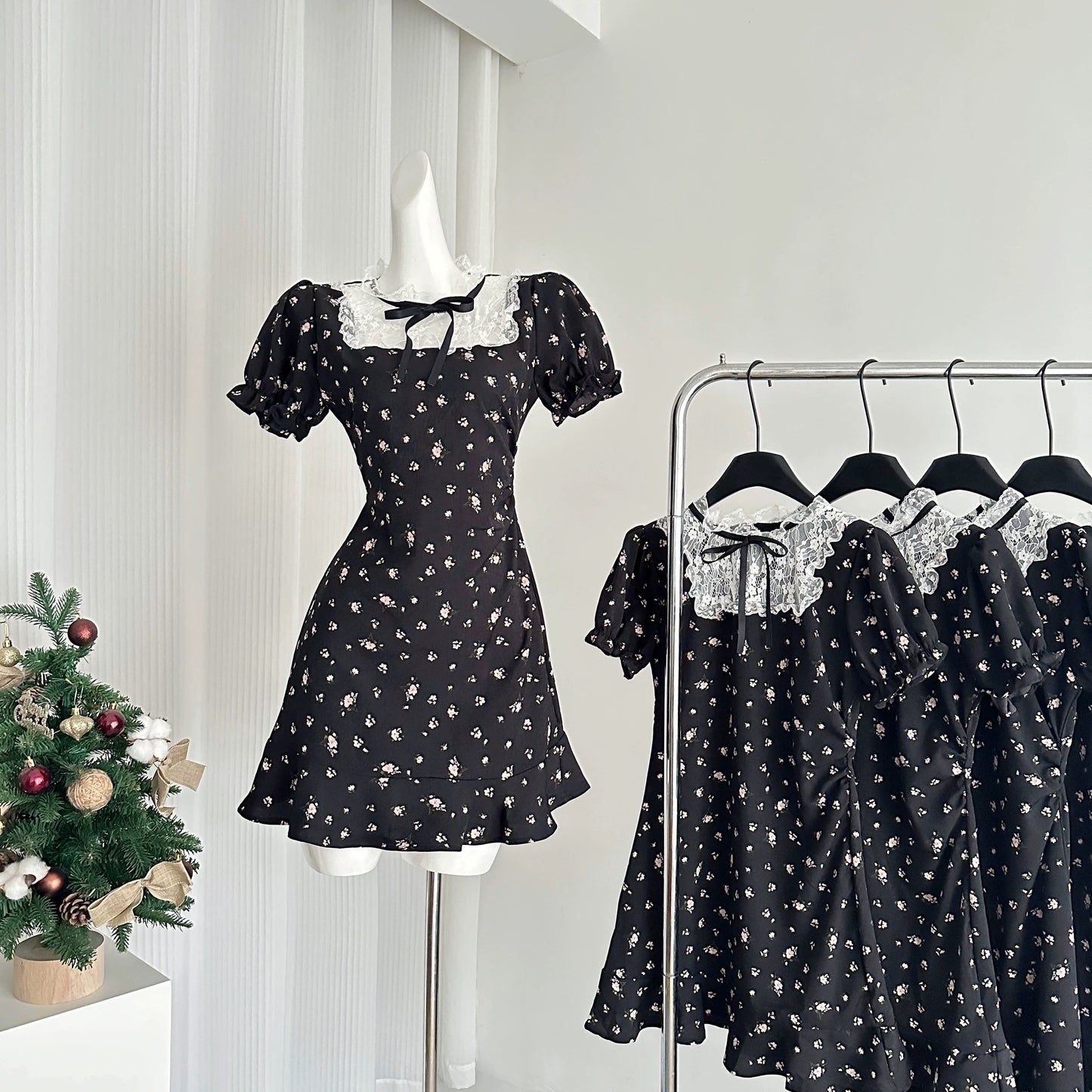 Youni French retro lace spliced black floral dress miu waist A-line little black dress girly