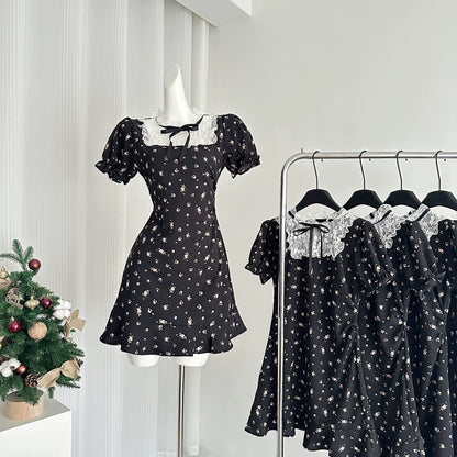 Youni French retro lace spliced black floral dress miu waist A-line little black dress girly