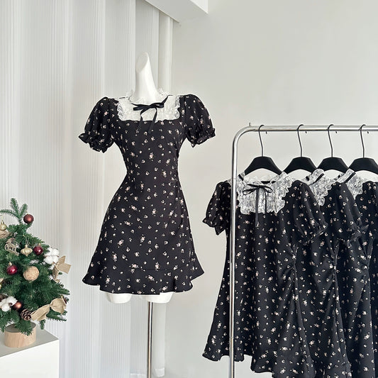 Youni French retro lace spliced black floral dress miu waist A-line little black dress girly