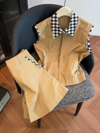 Shenzhen Nanyou High-End Women's Clothing 2026 Spring/Summer College Style Plaid Collar Vest Top + Skirt Set