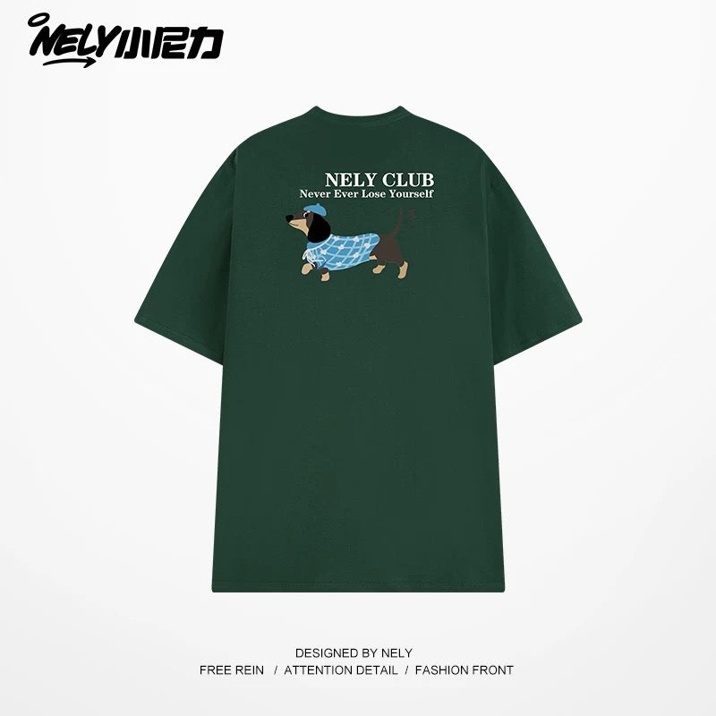 NELY Little Nelly Dachshund Printed White Short-sleeved T-shirt for Men and Women 2025 New Summer Loose Couple Tops