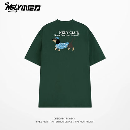 NELY Little Nelly Dachshund Printed White Short-sleeved T-shirt for Men and Women 2025 New Summer Loose Couple Tops