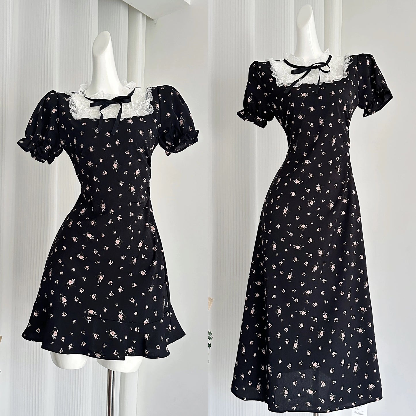 Youni French retro lace spliced black floral dress miu waist A-line little black dress girly