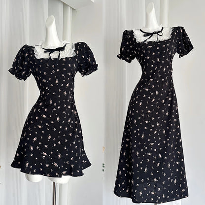 Youni French retro lace spliced black floral dress miu waist A-line little black dress girly