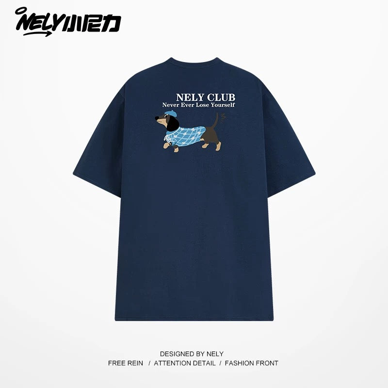 NELY Little Nelly Dachshund Printed White Short-sleeved T-shirt for Men and Women 2025 New Summer Loose Couple Tops