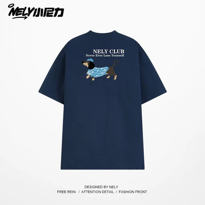NELY Little Nelly Dachshund Printed White Short-sleeved T-shirt for Men and Women 2025 New Summer Loose Couple Tops