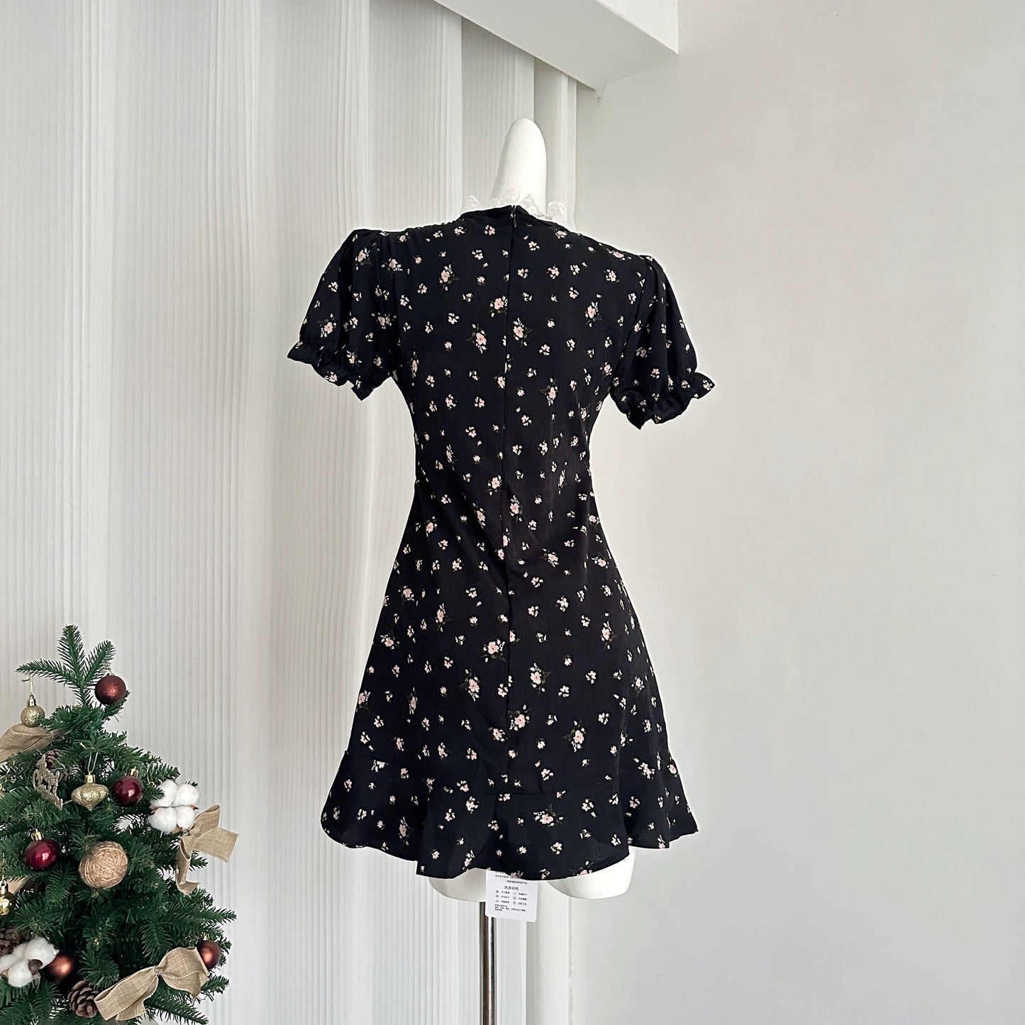 Youni French retro lace spliced black floral dress miu waist A-line little black dress girly