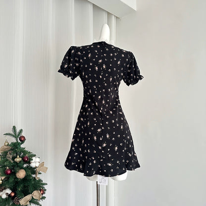 Youni French retro lace spliced black floral dress miu waist A-line little black dress girly