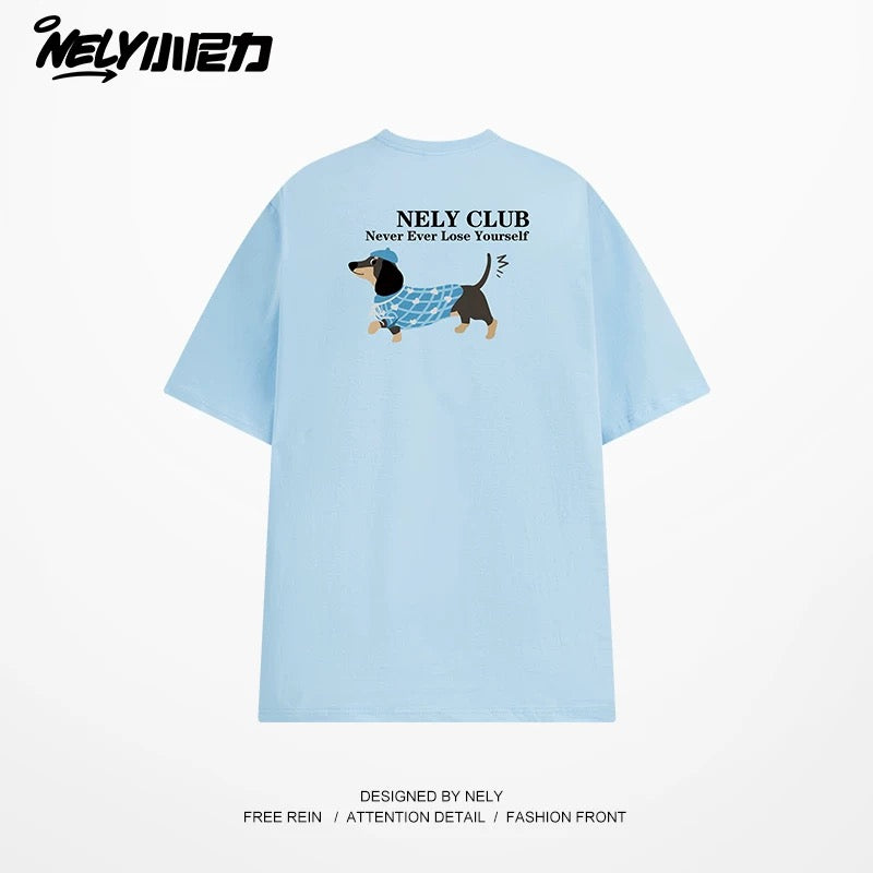 NELY Little Nelly Dachshund Printed White Short-sleeved T-shirt for Men and Women 2025 New Summer Loose Couple Tops