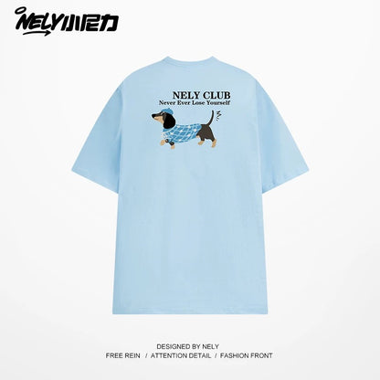 NELY Little Nelly Dachshund Printed White Short-sleeved T-shirt for Men and Women 2025 New Summer Loose Couple Tops