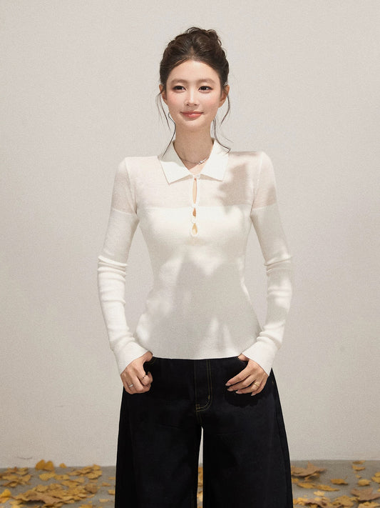 Xie Bu Rou splicing lapel thin slightly transparent long-sleeved knitted sweater women's autumn Korean style slim fit white bottoming shirt
