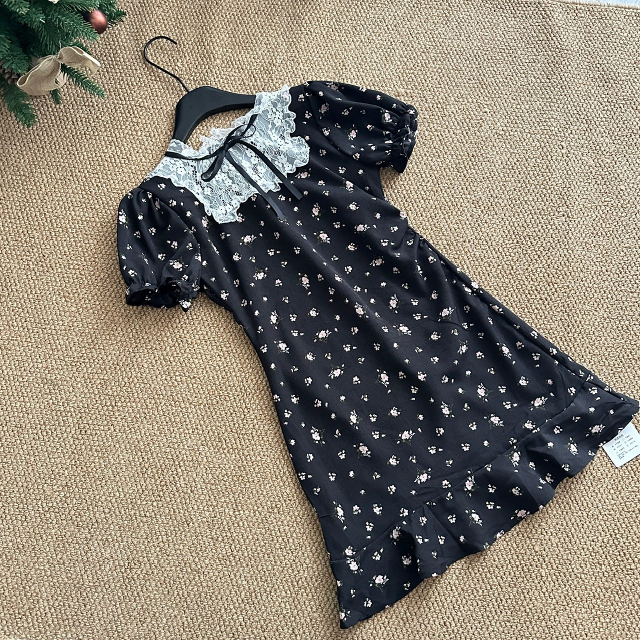 Youni French retro lace spliced black floral dress miu waist A-line little black dress girly