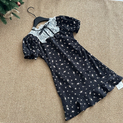 Youni French retro lace spliced black floral dress miu waist A-line little black dress girly