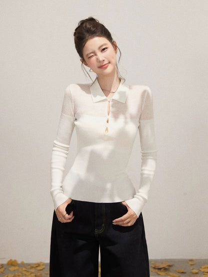 Xie Bu Rou splicing lapel thin slightly transparent long-sleeved knitted sweater women's autumn Korean style slim fit white bottoming shirt