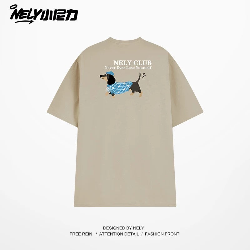 NELY Little Nelly Dachshund Printed White Short-sleeved T-shirt for Men and Women 2025 New Summer Loose Couple Tops