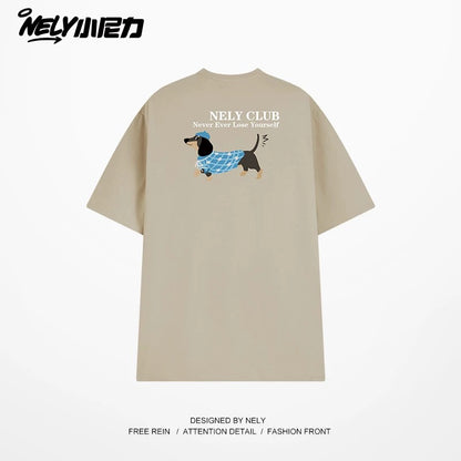 NELY Little Nelly Dachshund Printed White Short-sleeved T-shirt for Men and Women 2025 New Summer Loose Couple Tops