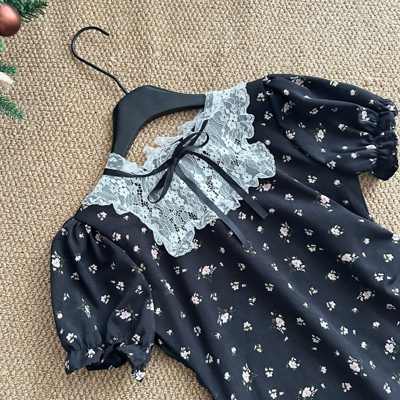 Youni French retro lace spliced black floral dress miu waist A-line little black dress girly