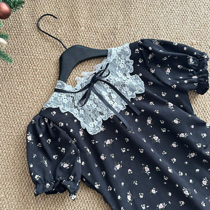 Youni French retro lace spliced black floral dress miu waist A-line little black dress girly