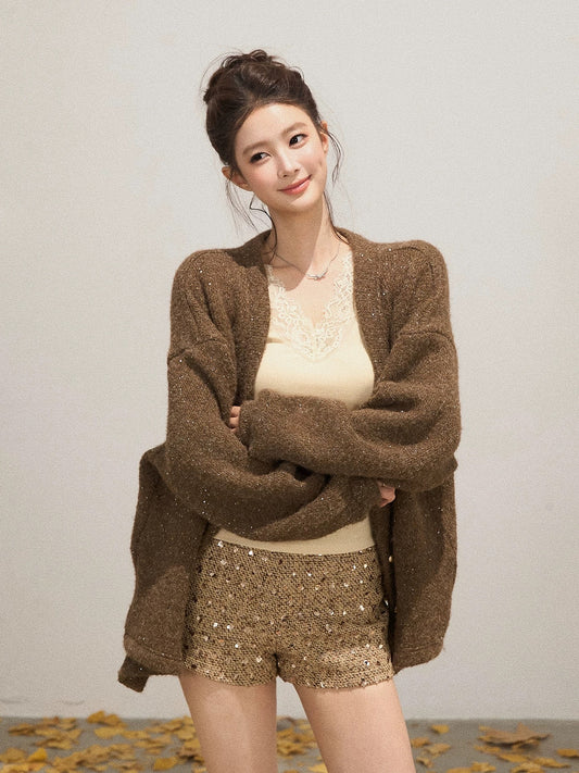 Xie Bu Rou shiny V-neck buttoned sweater cardigan women's autumn retro high-end casual loose jacket top