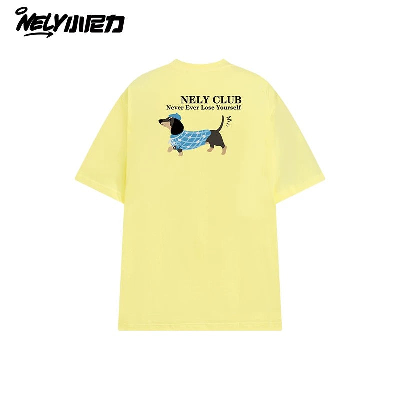 NELY Little Nelly Dachshund Printed White Short-sleeved T-shirt for Men and Women 2025 New Summer Loose Couple Tops