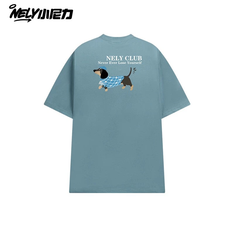 NELY Little Nelly Dachshund Printed White Short-sleeved T-shirt for Men and Women 2025 New Summer Loose Couple Tops