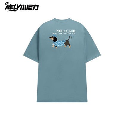 NELY Little Nelly Dachshund Printed White Short-sleeved T-shirt for Men and Women 2025 New Summer Loose Couple Tops
