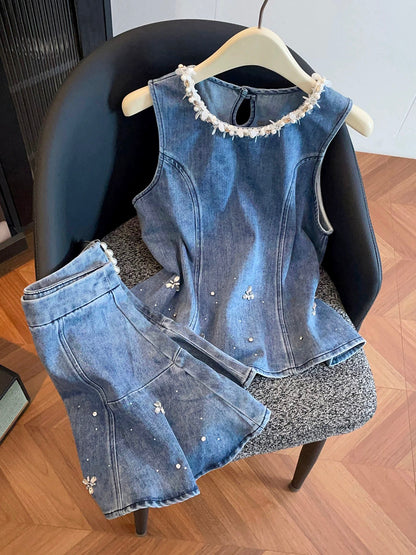 Shenzhen Nanyou High-End Women's Clothing 2026 Spring/Summer Beaded Denim Vest Top + Skirt Set