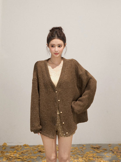 Xie Bu Rou shiny V-neck buttoned sweater cardigan women's autumn retro high-end casual loose jacket top