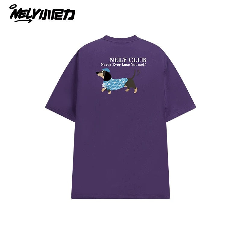 NELY Little Nelly Dachshund Printed White Short-sleeved T-shirt for Men and Women 2025 New Summer Loose Couple Tops