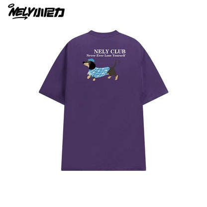 NELY Little Nelly Dachshund Printed White Short-sleeved T-shirt for Men and Women 2025 New Summer Loose Couple Tops