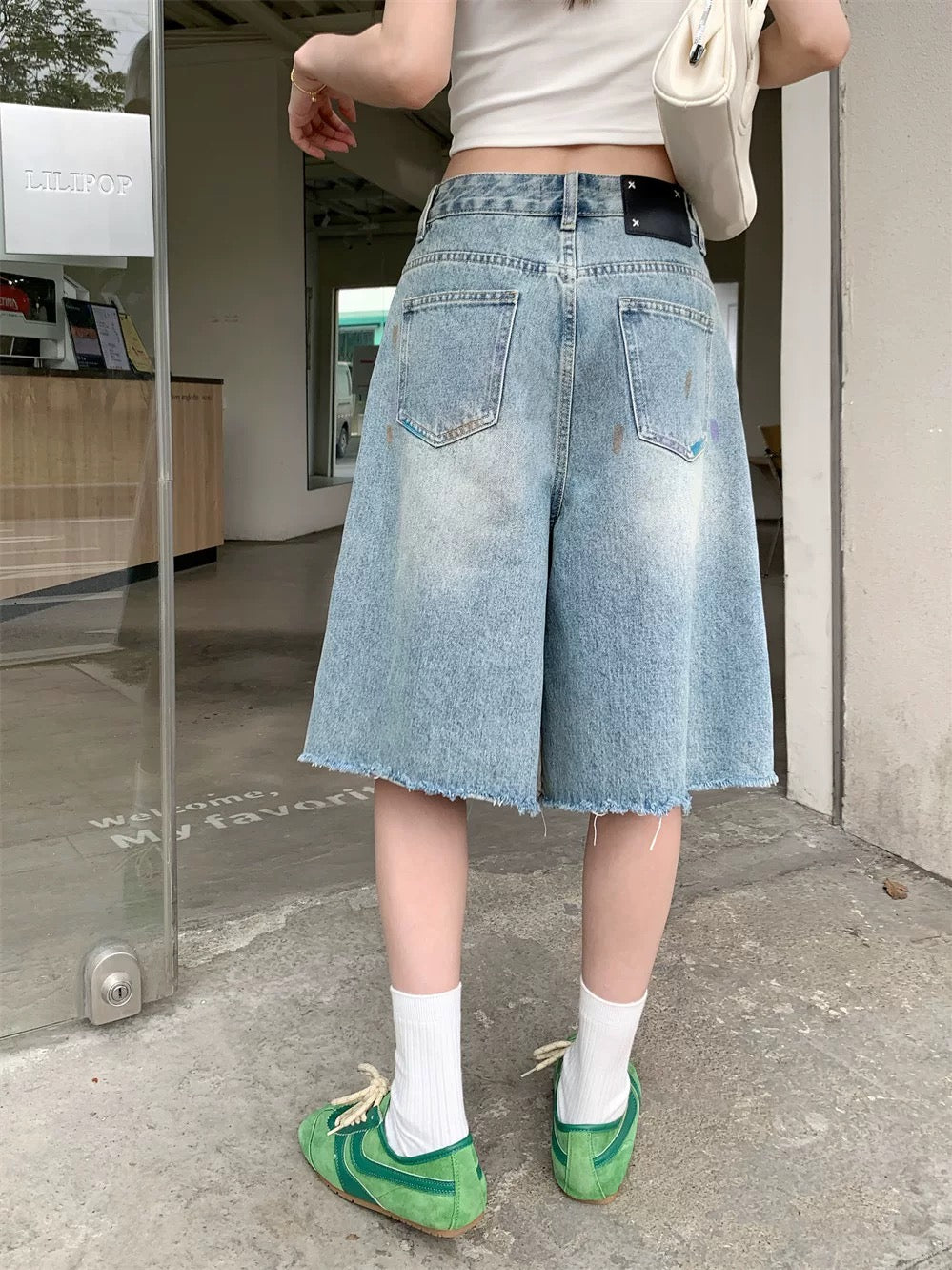 PPHOME American style ripped denim mid-length pants for women summer ins trend small high waist shorts wide leg pants shorts
