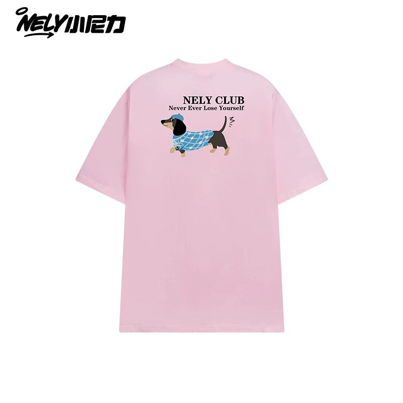 NELY Little Nelly Dachshund Printed White Short-sleeved T-shirt for Men and Women 2025 New Summer Loose Couple Tops