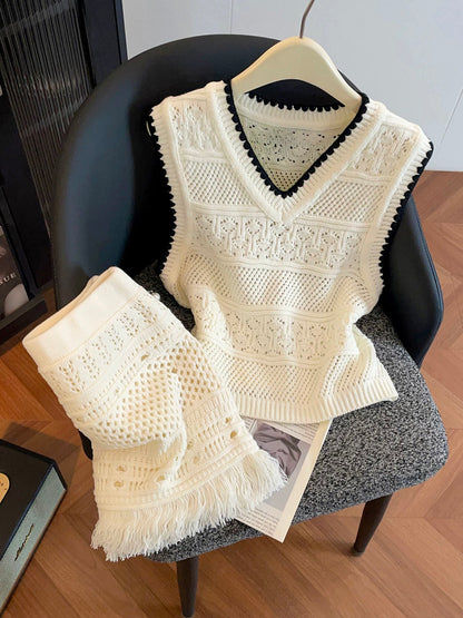 Shenzhen Nanyou High-End Women's Clothing 2026 Spring/Summer French V-neck Hollow-out Knit Vest Top + Skirt Set