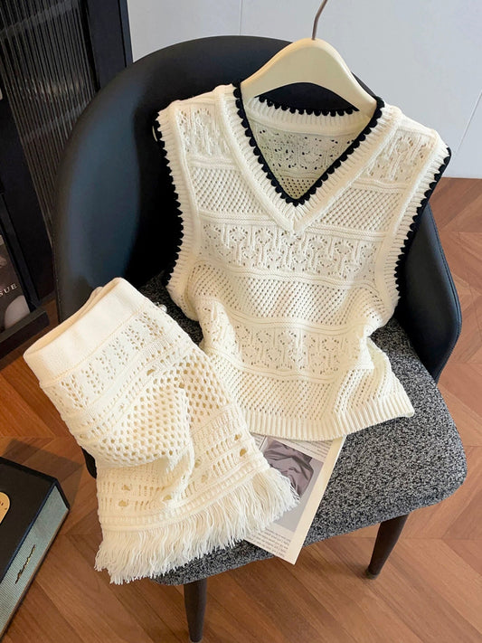 Shenzhen Nanyou High-End Women's Clothing 2026 Spring/Summer French V-neck Hollow-out Knit Vest Top + Skirt Set