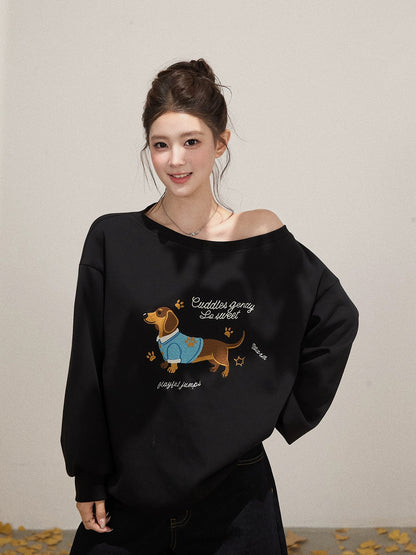 Xie Bu Rou oblique shoulder embroidery long-sleeved sweatshirt women's autumn new Korean style casual loose versatile pullover top