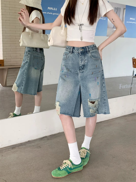 PPHOME American style ripped denim mid-length pants for women summer ins trend small high waist shorts wide leg pants shorts