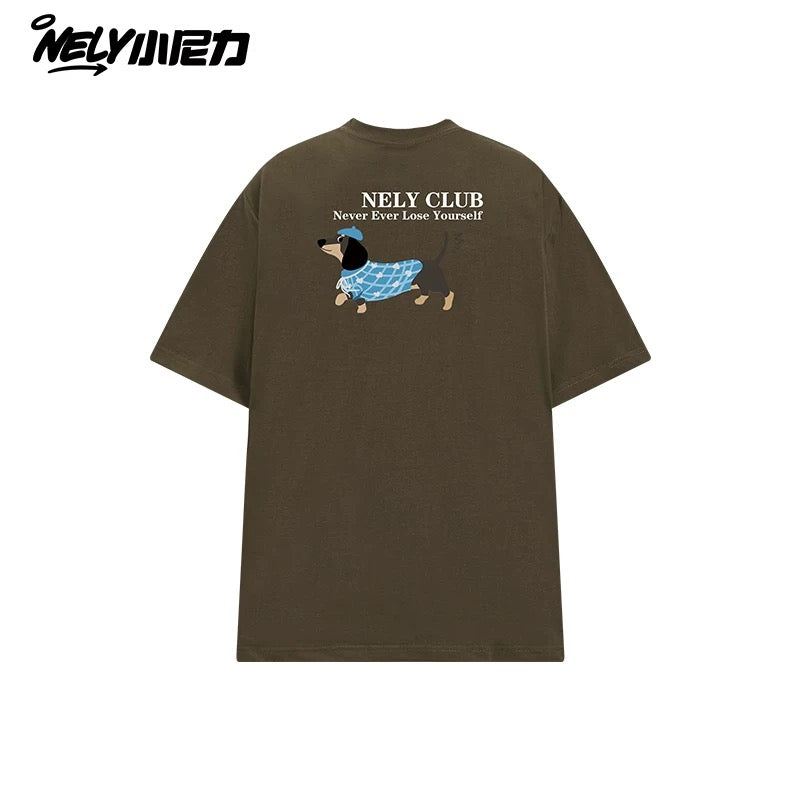 NELY Little Nelly Dachshund Printed White Short-sleeved T-shirt for Men and Women 2025 New Summer Loose Couple Tops
